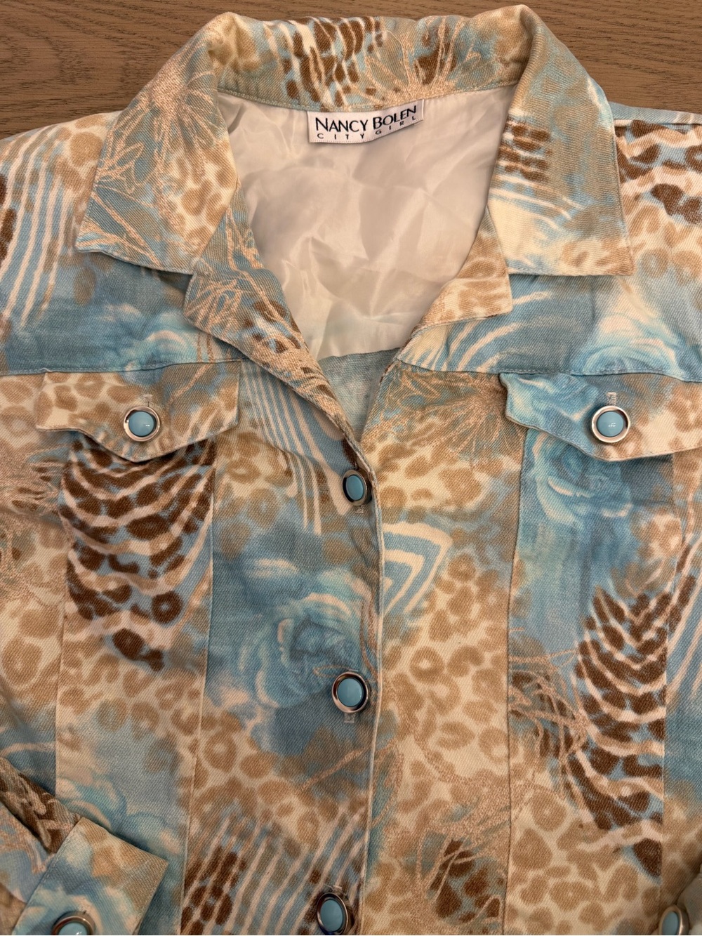 Nancy Bolen Blue & Tan Printed Jean Jacket